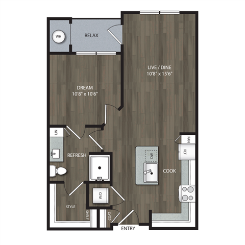 a floor plan of a studio apartment with a bedroom and a living room